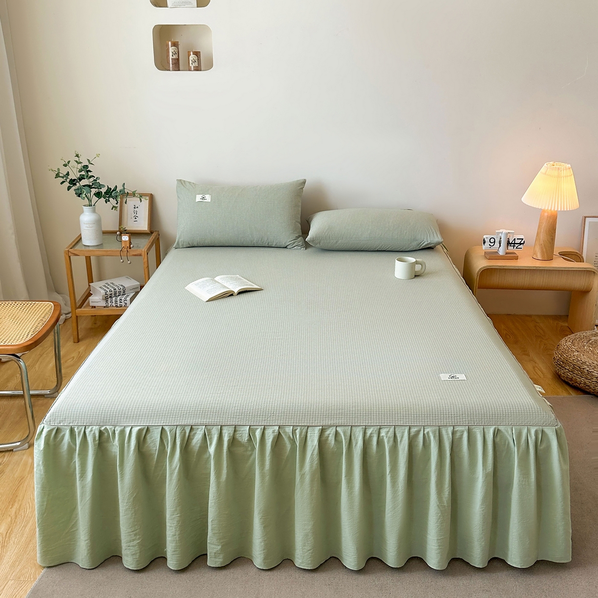 91家纺网 家纺一手货源 找家纺 笠裙家纺 2025新款A类色织全棉纯棉水洗棉床裙四件套 夏末绿