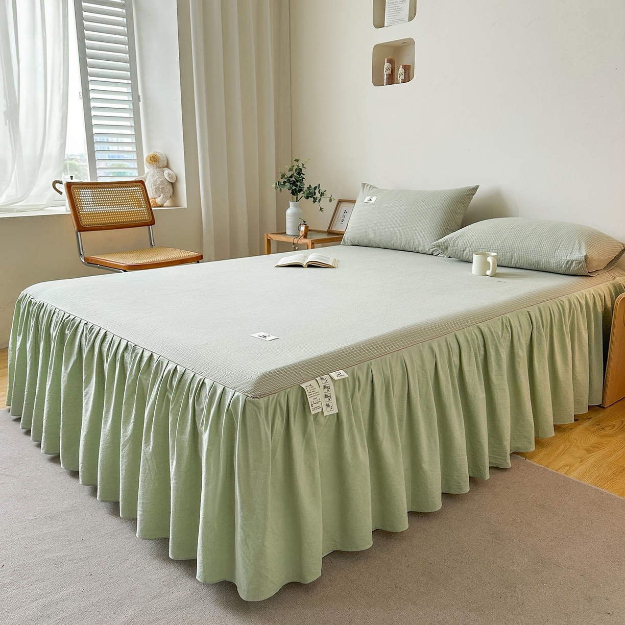 91家纺网 家纺一手货源 找家纺 笠裙家纺 2025新款A类色织全棉纯棉水洗棉床裙四件套 夏末绿