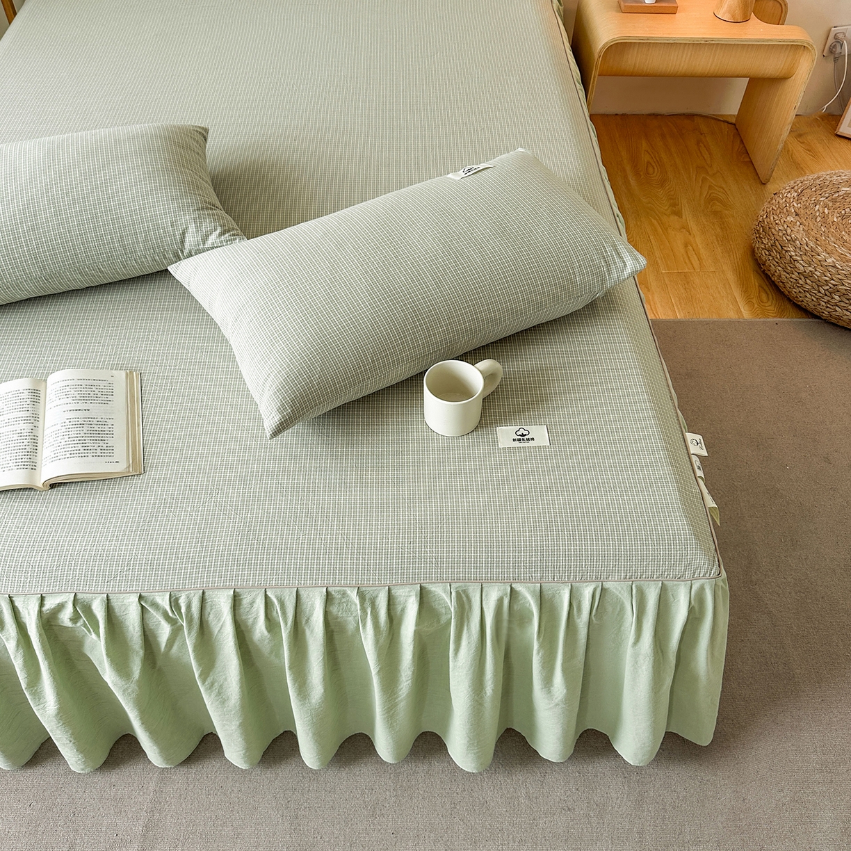 91家纺网 家纺一手货源 找家纺 笠裙家纺 2025新款A类色织全棉纯棉水洗棉床裙四件套 夏末绿