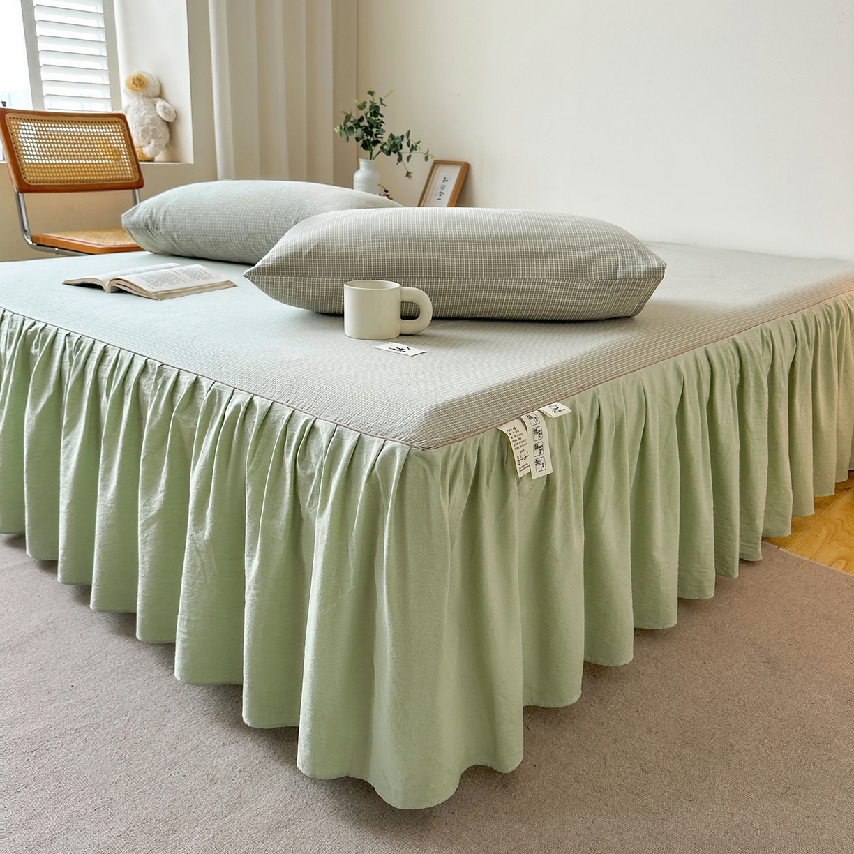 91家纺网 家纺一手货源 找家纺 笠裙家纺 2025新款A类色织全棉纯棉水洗棉床裙四件套 夏末绿