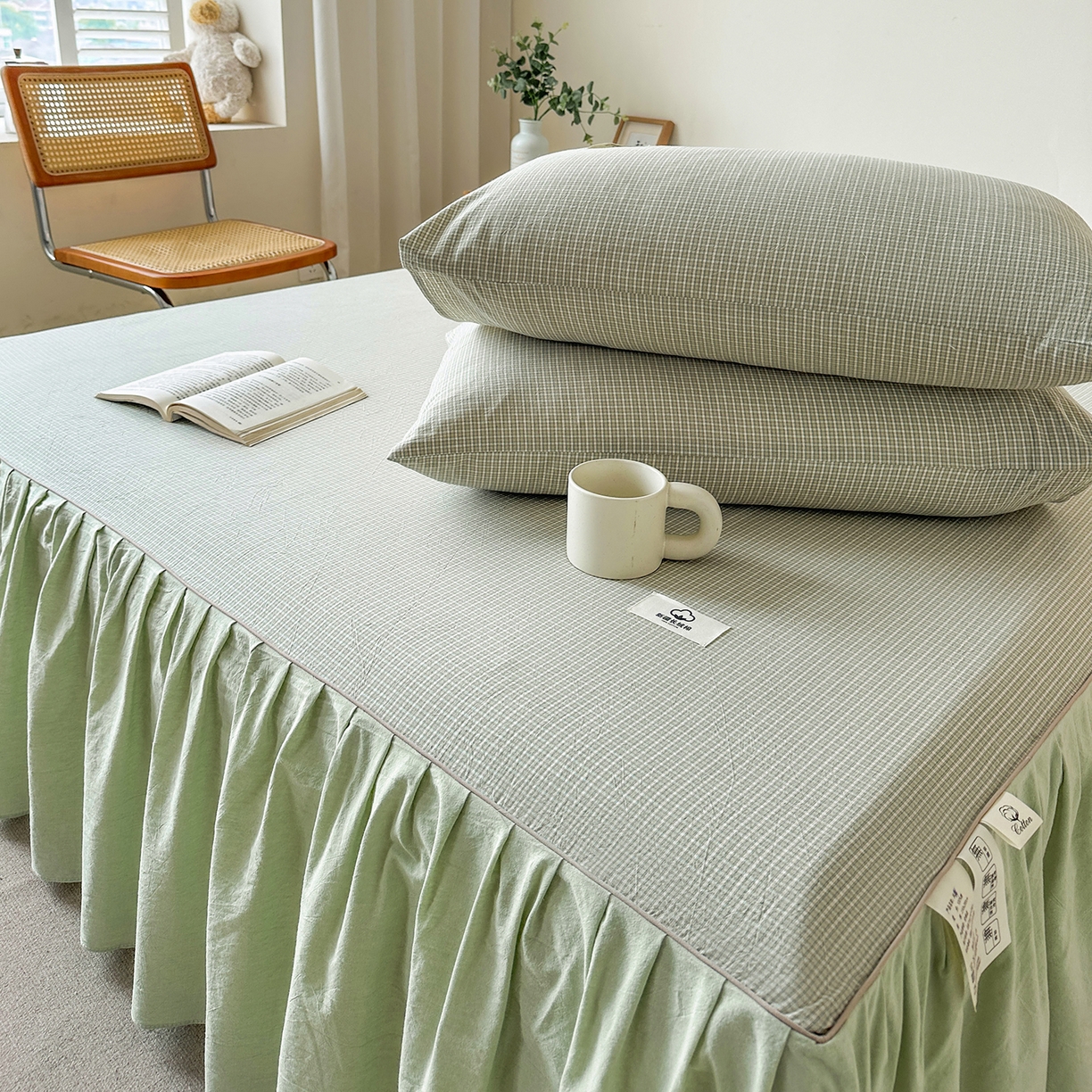 91家纺网 家纺一手货源 找家纺 笠裙家纺 2025新款A类色织全棉纯棉水洗棉床裙四件套 夏末绿