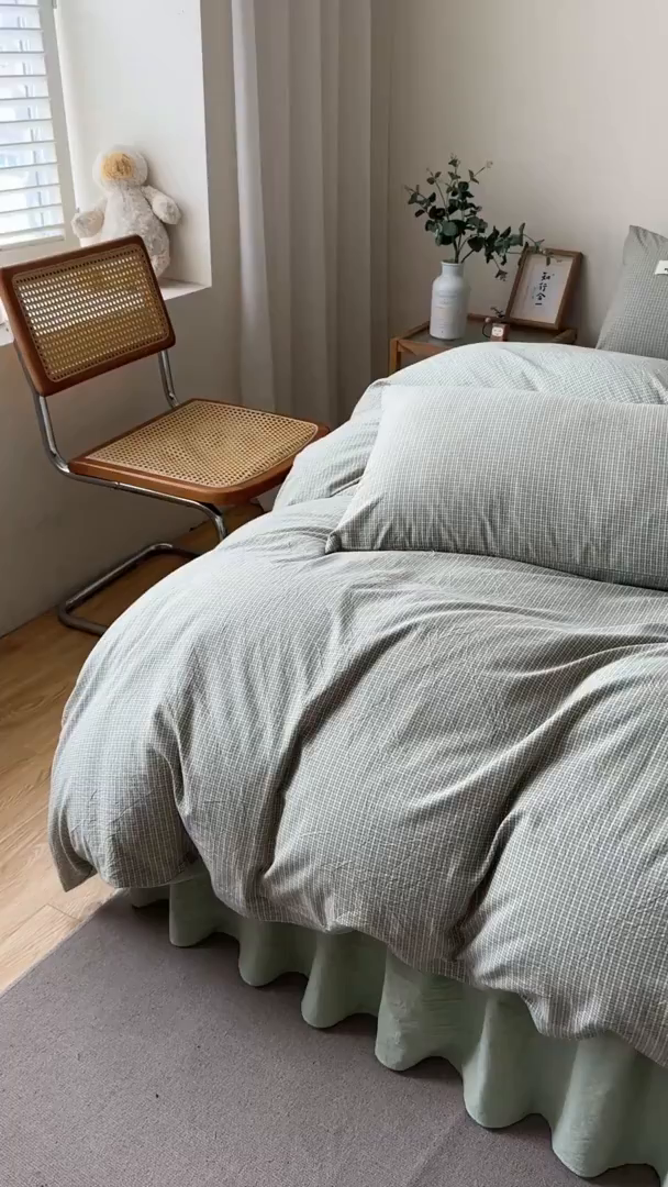 91家纺网 家纺一手货源 找家纺 笠裙家纺 2025新款A类色织全棉纯棉水洗棉床裙四件套 夏末绿