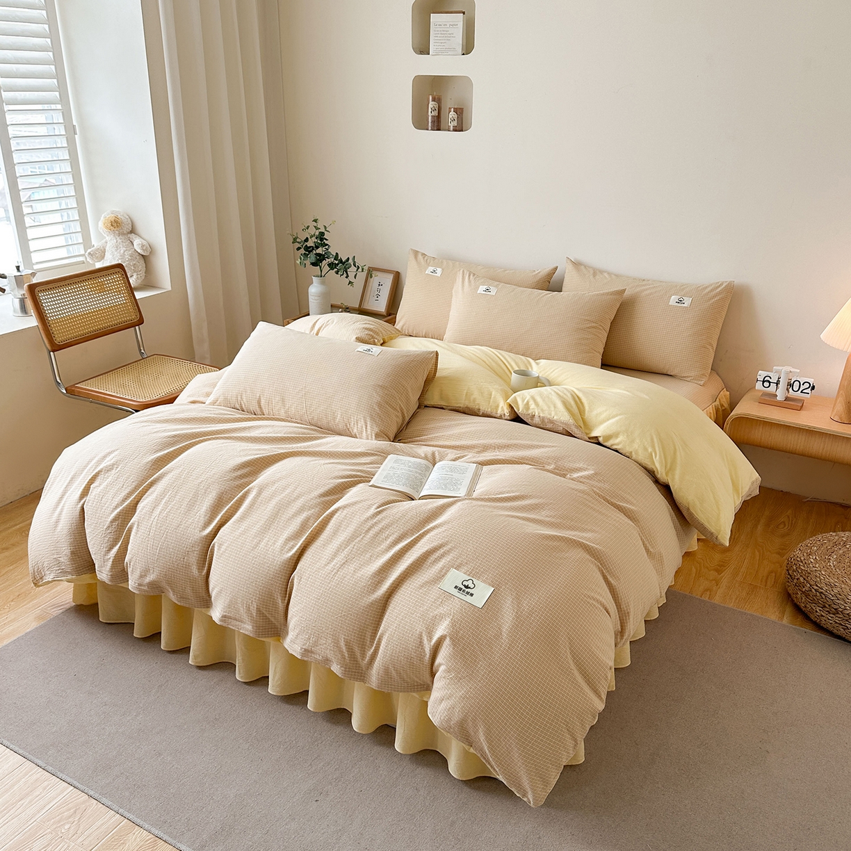 91家纺网 家纺一手货源 找家纺 笠裙家纺 2025新款A类色织全棉纯棉水洗棉床裙四件套 芝士黄