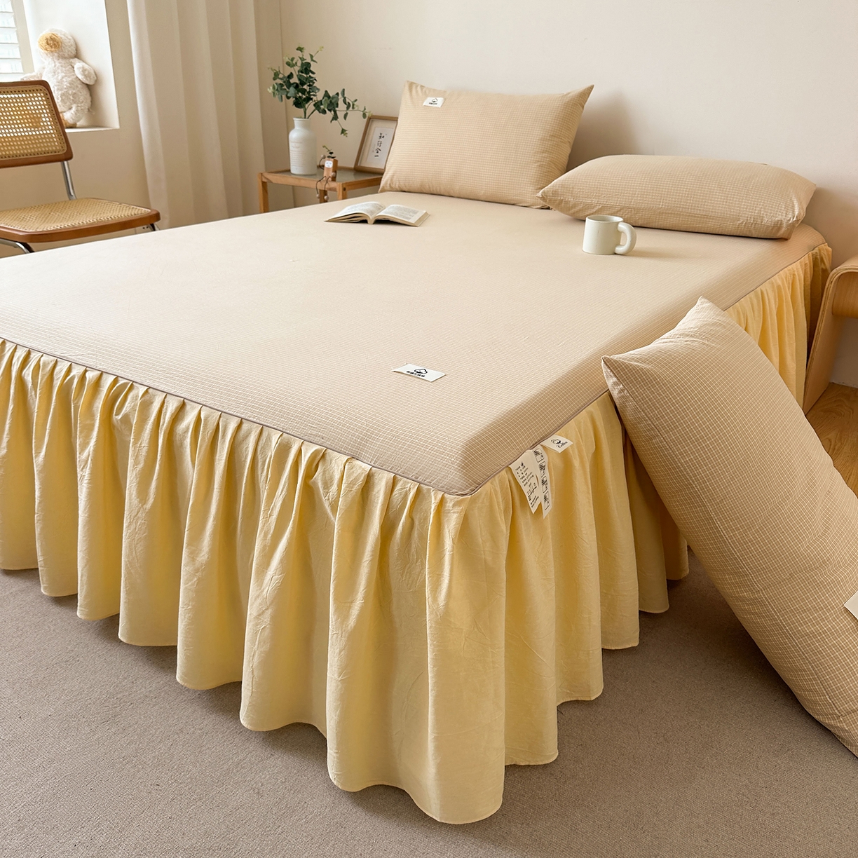 91家纺网 家纺一手货源 找家纺 笠裙家纺 2025新款A类色织全棉纯棉水洗棉床裙四件套 芝士黄