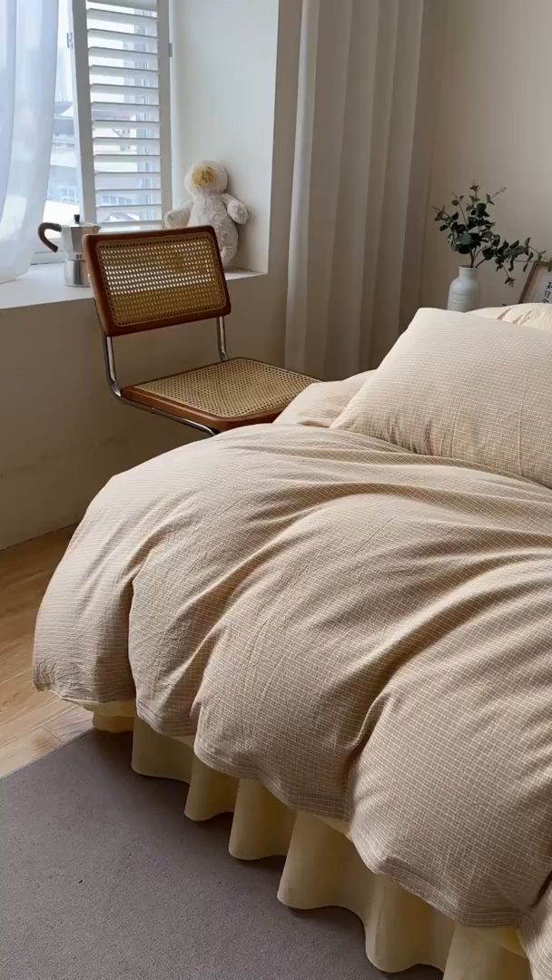 91家纺网 家纺一手货源 找家纺 笠裙家纺 2025新款A类色织全棉纯棉水洗棉床裙四件套 芝士黄