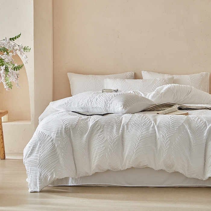 91家纺网 家纺一手货源 找家纺 缘生活  2025年新款剪花针叶四件套四季款（民宿首选） 剪花针叶-白色