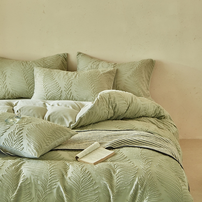 91家纺网 家纺一手货源 找家纺 缘生活  2025年新款剪花针叶四件套四季款（民宿首选） 剪花针叶-旧绿