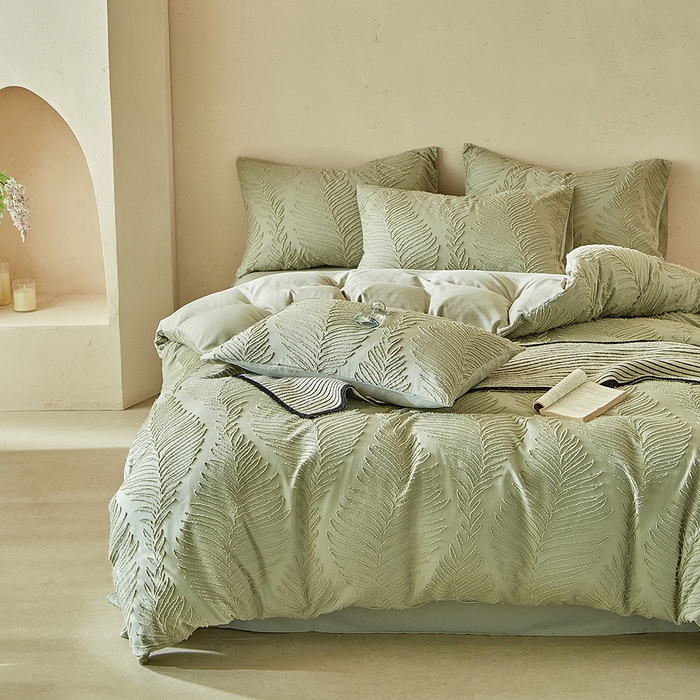 91家纺网 家纺一手货源 找家纺 缘生活  2025年新款剪花针叶四件套四季款（民宿首选） 剪花针叶-旧绿