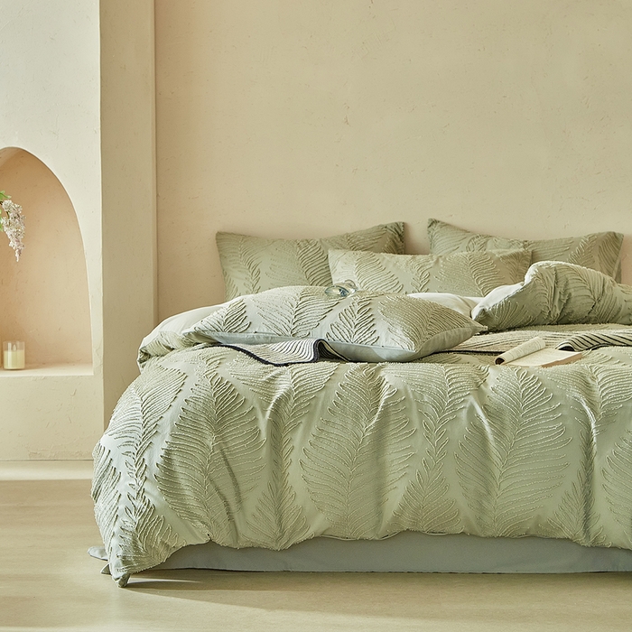 91家纺网 家纺一手货源 找家纺 缘生活  2025年新款剪花针叶四件套四季款（民宿首选） 剪花针叶-旧绿