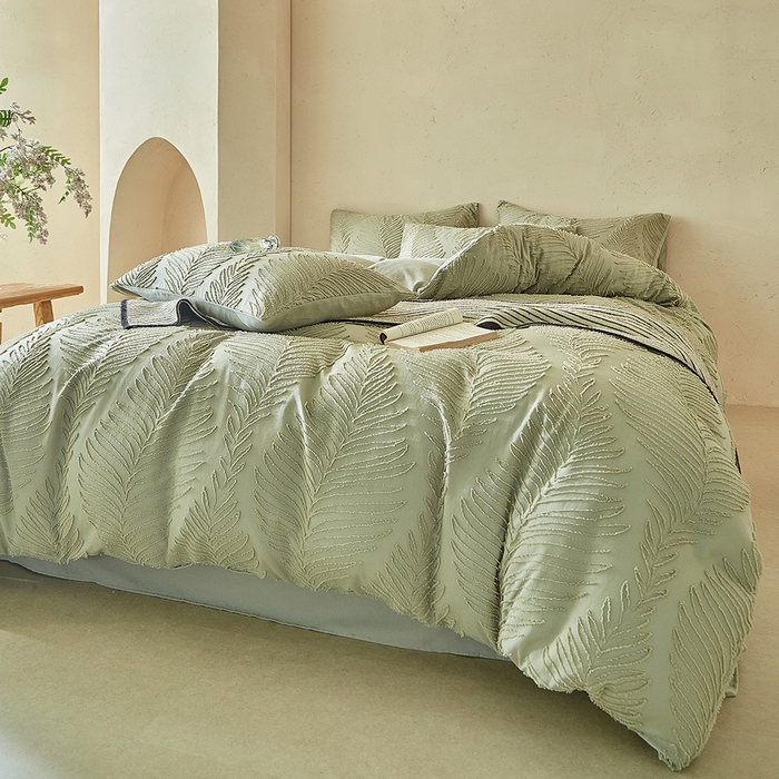 91家纺网 家纺一手货源 找家纺 缘生活  2025年新款剪花针叶四件套四季款（民宿首选） 剪花针叶-旧绿