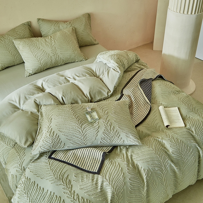 91家纺网 家纺一手货源 找家纺 缘生活  2025年新款剪花针叶四件套四季款（民宿首选） 剪花针叶-旧绿