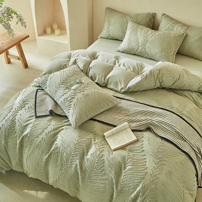 91家纺网 家纺一手货源 找家纺 缘生活  2025年新款剪花针叶四件套四季款（民宿首选） 剪花针叶-旧绿