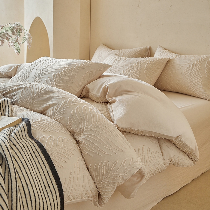 91家纺网 家纺一手货源 找家纺 缘生活  2025年新款剪花针叶四件套四季款（民宿首选） 剪花针叶-卡其