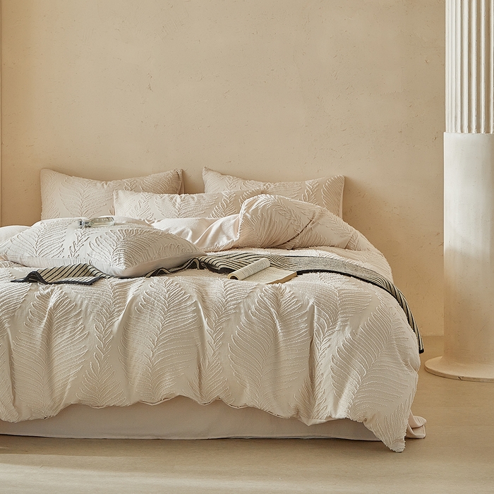 91家纺网 家纺一手货源 找家纺 缘生活  2025年新款剪花针叶四件套四季款（民宿首选） 剪花针叶-卡其