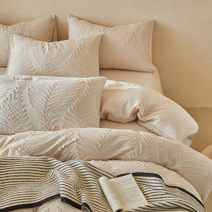 91家纺网 家纺一手货源 找家纺 缘生活  2025年新款剪花针叶四件套四季款（民宿首选） 剪花针叶-卡其