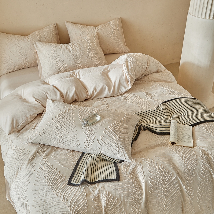 91家纺网 家纺一手货源 找家纺 缘生活  2025年新款剪花针叶四件套四季款（民宿首选） 剪花针叶-卡其