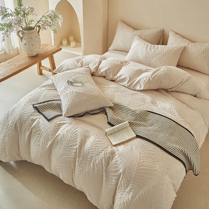 91家纺网 家纺一手货源 找家纺 缘生活  2025年新款剪花针叶四件套四季款（民宿首选） 剪花针叶-卡其