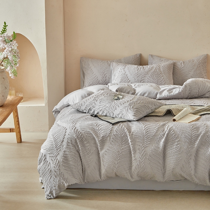 91家纺网 家纺一手货源 找家纺 缘生活  2025年新款剪花针叶四件套四季款（民宿首选） 剪花针叶-浅灰