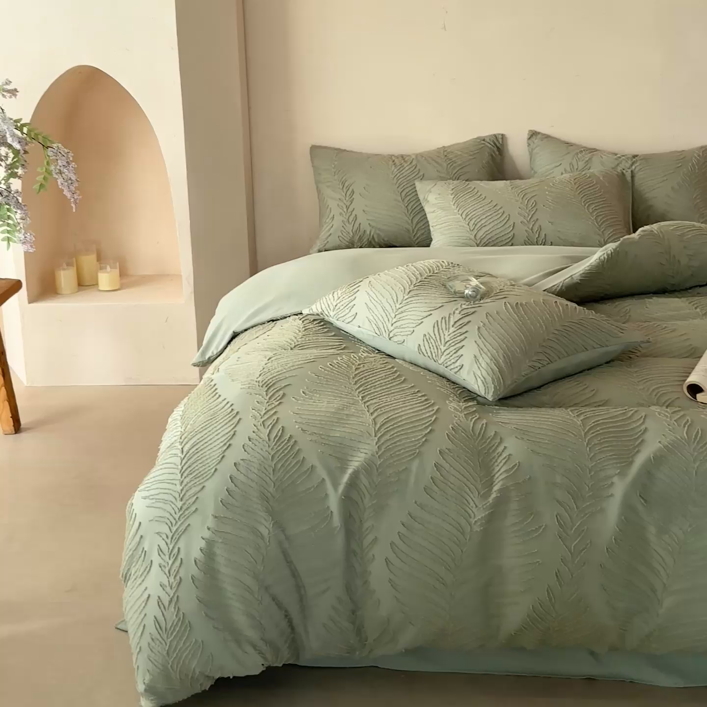 91家纺网 家纺一手货源 找家纺 缘生活  2025年新款剪花针叶四件套四季款（民宿首选） 剪花针叶-旧绿