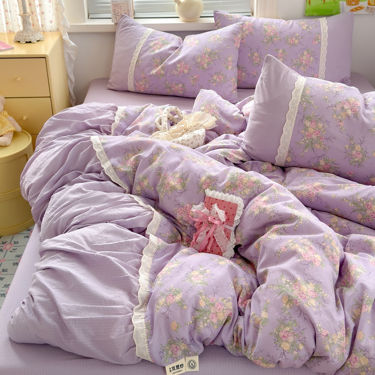 91家纺网 家纺一手货源 找家纺 （总）典雅家纺 2025新款A类超柔双层纱四件套花边工艺款四件套