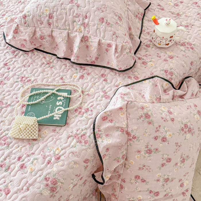 91家纺网 家纺一手货源 找家纺 999家纺 2025秋冬新款A类云感原麻双层纱床盖三件套四季通用炕盖夹棉床单床褥(提供买家秀) 花影【花边款】