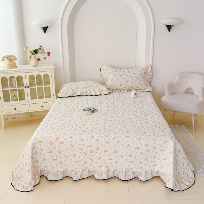 91家纺网 家纺一手货源 找家纺 999家纺 2025秋冬新款A类云感原麻双层纱床盖三件套四季通用炕盖夹棉床单床褥(提供买家秀) 静初【花边款】