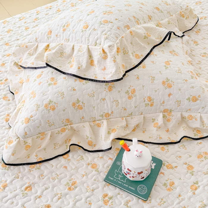 91家纺网 家纺一手货源 找家纺 999家纺 2025秋冬新款A类云感原麻双层纱床盖三件套四季通用炕盖夹棉床单床褥(提供买家秀) 静初【花边款】