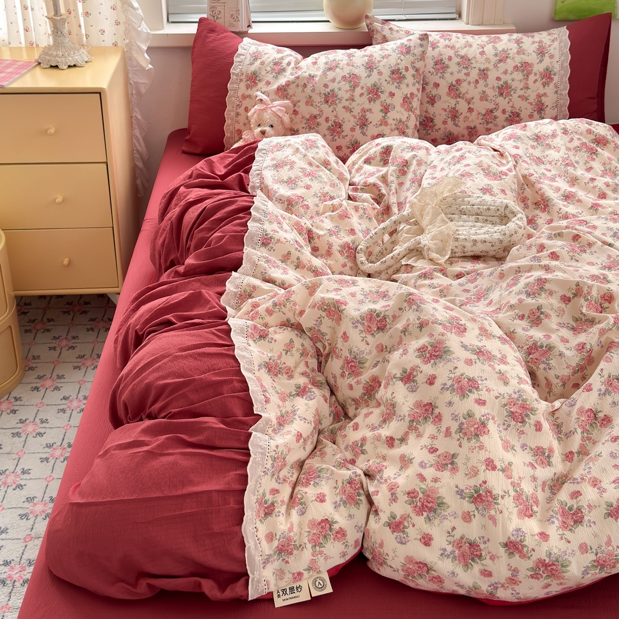 91家纺网 家纺一手货源 找家纺 （总）典雅家纺 2025新款A类超柔双层纱四件套花边工艺款四件套