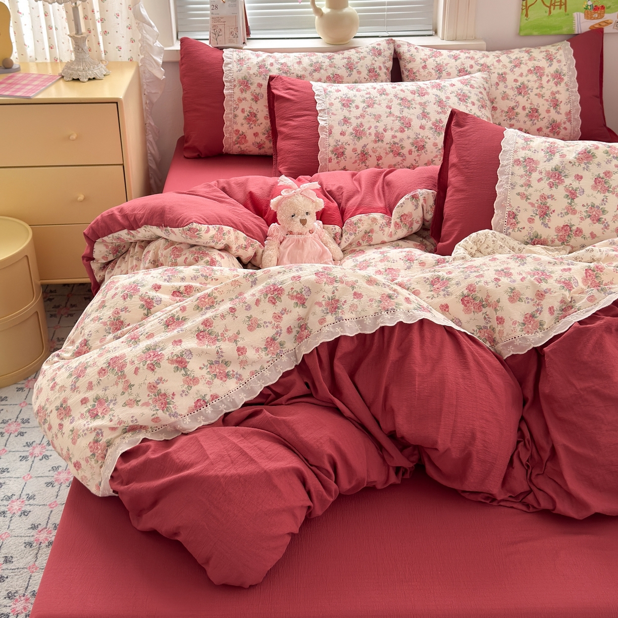 91家纺网 家纺一手货源 找家纺 （总）典雅家纺 2025新款A类超柔双层纱四件套花边工艺款四件套