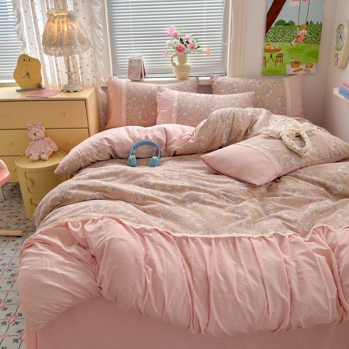 91家纺网 家纺一手货源 找家纺 典雅家纺 2025新款A类超柔双层纱四件套花边工艺款四件套 安娜花园