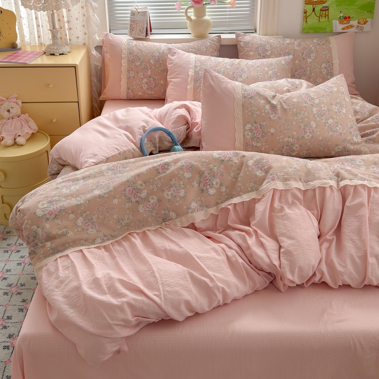 91家纺网 家纺一手货源 找家纺 典雅家纺 2025新款A类超柔双层纱四件套花边工艺款四件套 安娜花园