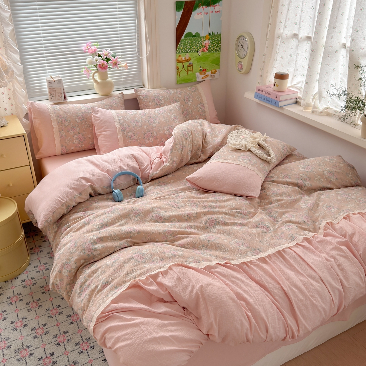 91家纺网 家纺一手货源 找家纺 典雅家纺 2025新款A类超柔双层纱四件套花边工艺款四件套 安娜花园