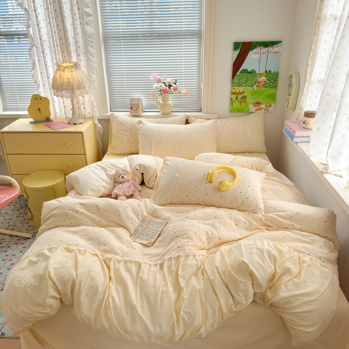 91家纺网 家纺一手货源 找家纺 典雅家纺 2025新款A类超柔双层纱四件套花边工艺款四件套 彩波波