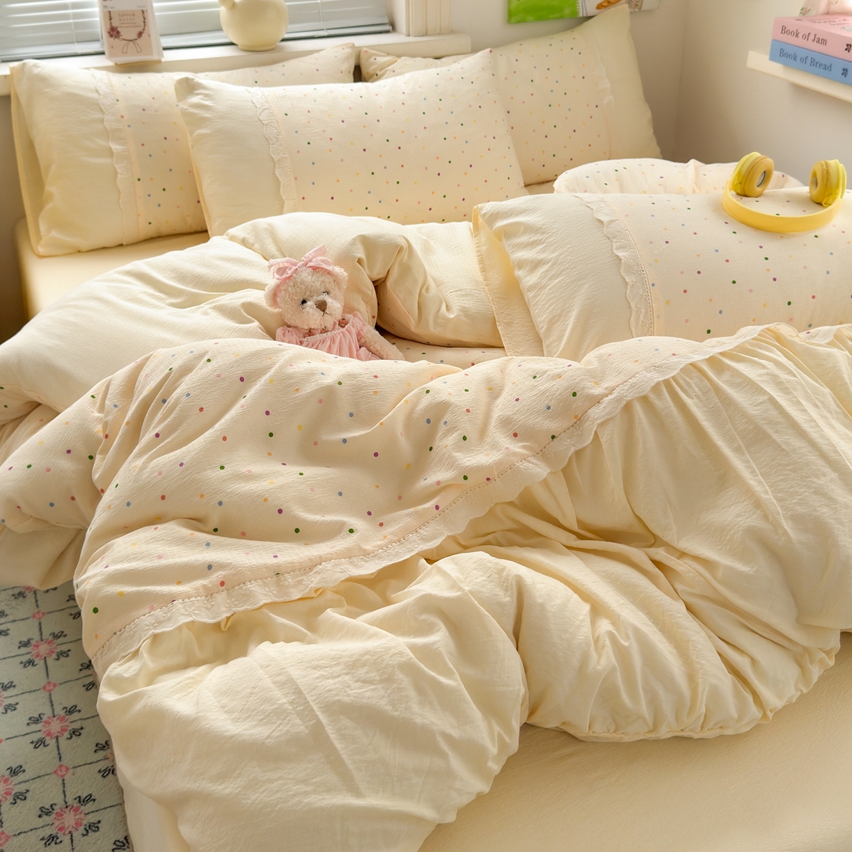 91家纺网 家纺一手货源 找家纺 典雅家纺 2025新款A类超柔双层纱四件套花边工艺款四件套 彩波波