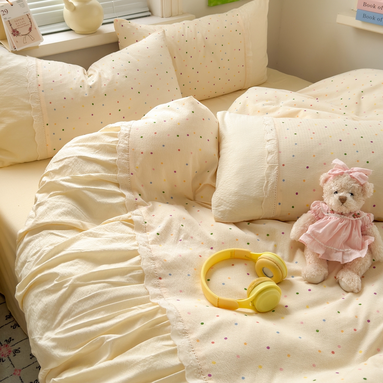 91家纺网 家纺一手货源 找家纺 典雅家纺 2025新款A类超柔双层纱四件套花边工艺款四件套 彩波波