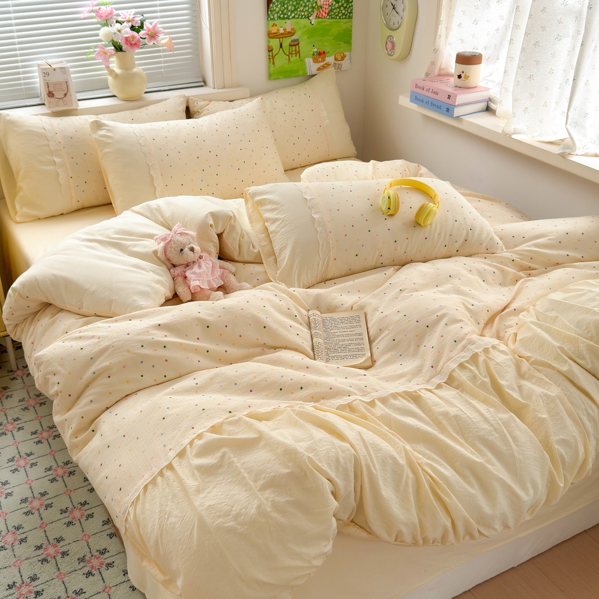 91家纺网 家纺一手货源 找家纺 典雅家纺 2025新款A类超柔双层纱四件套花边工艺款四件套 彩波波