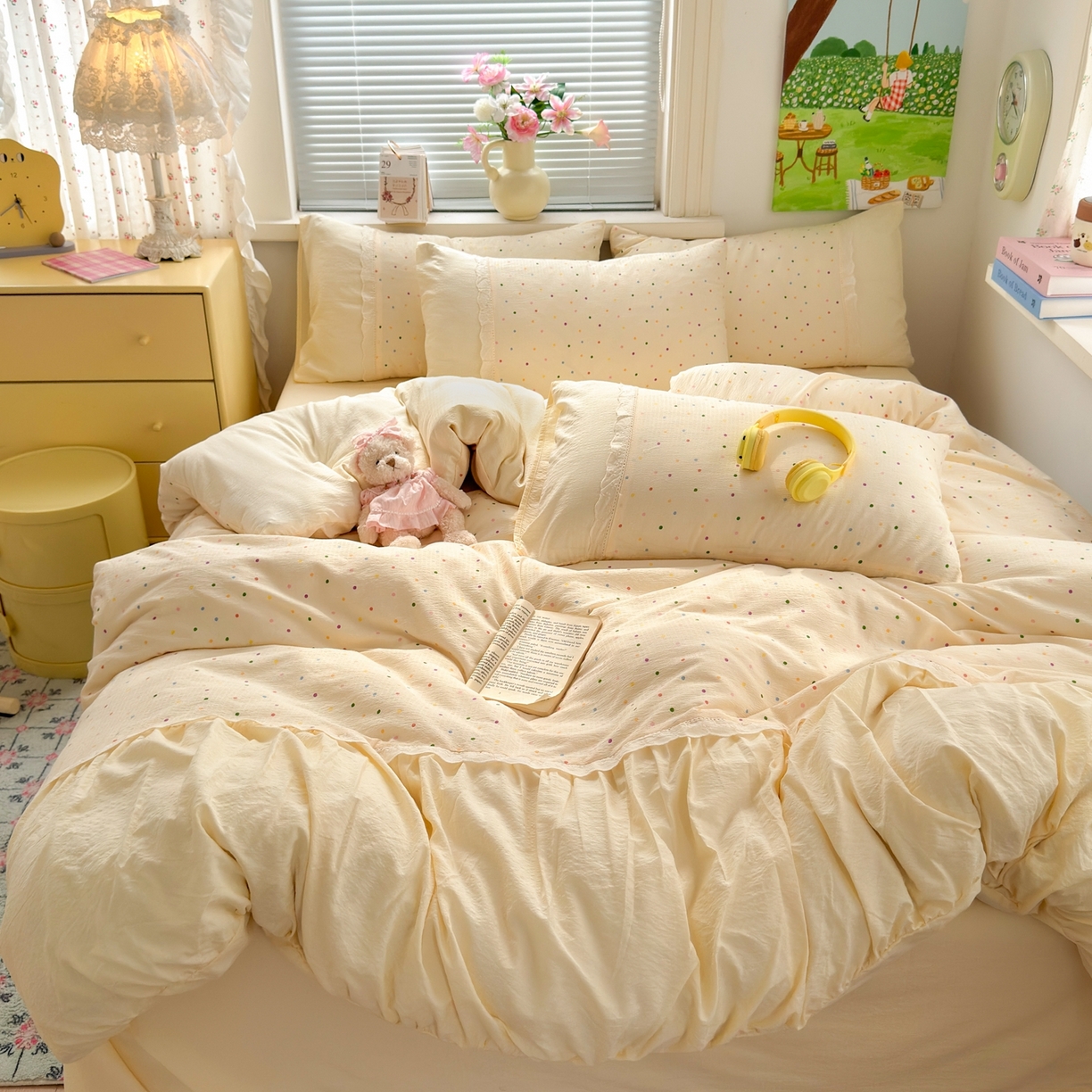 典雅家纺 2025新款A类超柔双层纱四件套花边工艺款四件套 彩波波