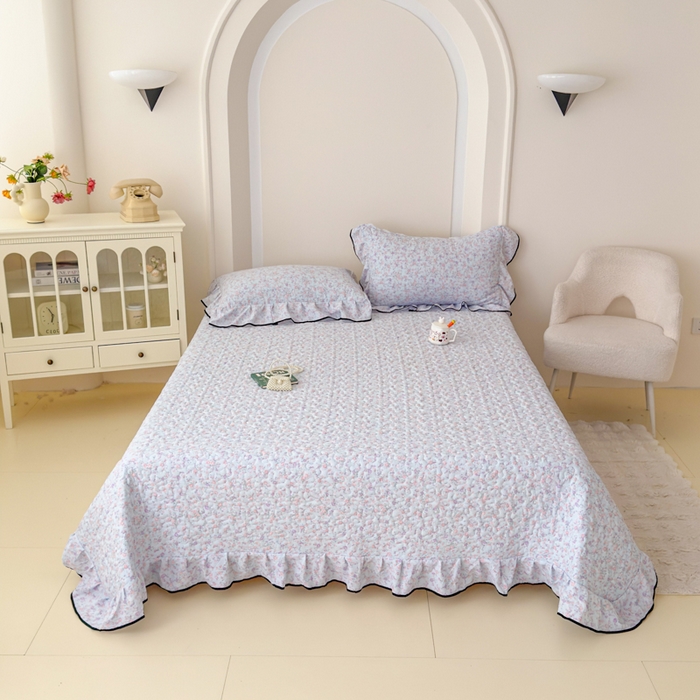 91家纺网 家纺一手货源 找家纺 999家纺 2025秋冬新款A类云感原麻双层纱床盖三件套四季通用炕盖夹棉床单床褥(提供买家秀) 兰黛【花边款】