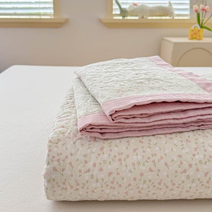 91家纺网 家纺一手货源 找家纺 999家纺 2025秋冬新款A类云感原麻双层纱床盖三件套四季通用炕盖夹棉床单床褥(提供买家秀) 寻梦粉【简约款】