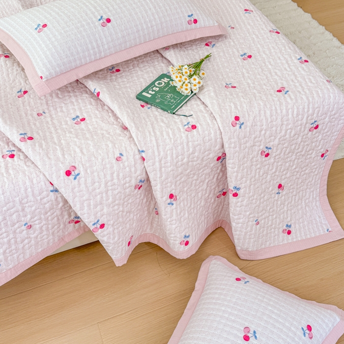 91家纺网 家纺一手货源 找家纺 999家纺 2025秋冬新款A类云感原麻双层纱床盖三件套四季通用炕盖夹棉床单床褥(提供买家秀) 樱桃格【简约款】