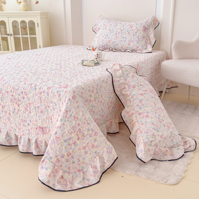 91家纺网 家纺一手货源 找家纺 999家纺 2025秋冬新款A类云感原麻双层纱床盖三件套四季通用炕盖夹棉床单床褥(提供买家秀) 蝶恋花【花边款】