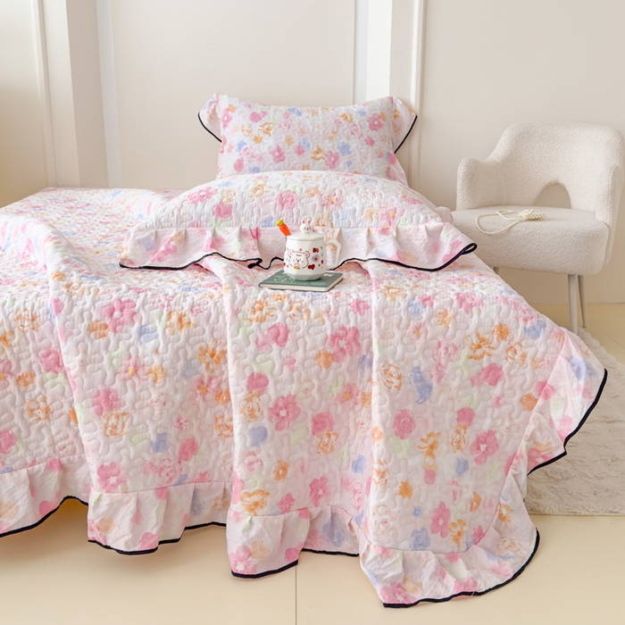 91家纺网 家纺一手货源 找家纺 999家纺 2025秋冬新款A类云感原麻双层纱床盖三件套四季通用炕盖夹棉床单床褥(提供买家秀) 木兮【花边款】