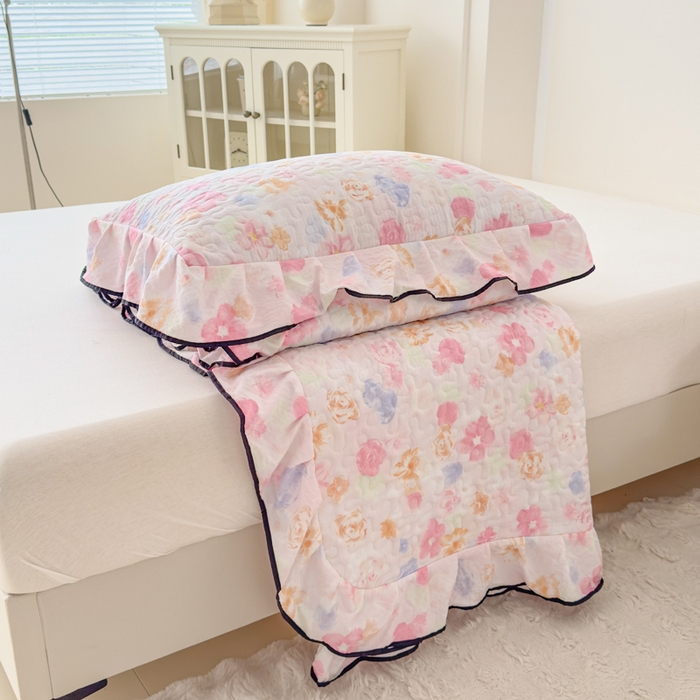 91家纺网 家纺一手货源 找家纺 999家纺 2025秋冬新款A类云感原麻双层纱床盖三件套四季通用炕盖夹棉床单床褥(提供买家秀) 木兮【花边款】