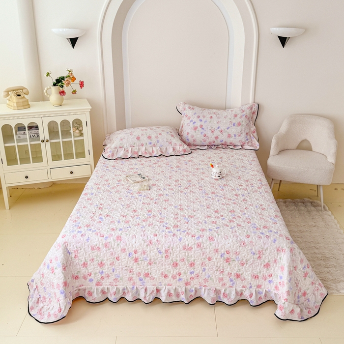 91家纺网 家纺一手货源 找家纺 999家纺 2025秋冬新款A类云感原麻双层纱床盖三件套四季通用炕盖夹棉床单床褥(提供买家秀) 漫花【花边款】