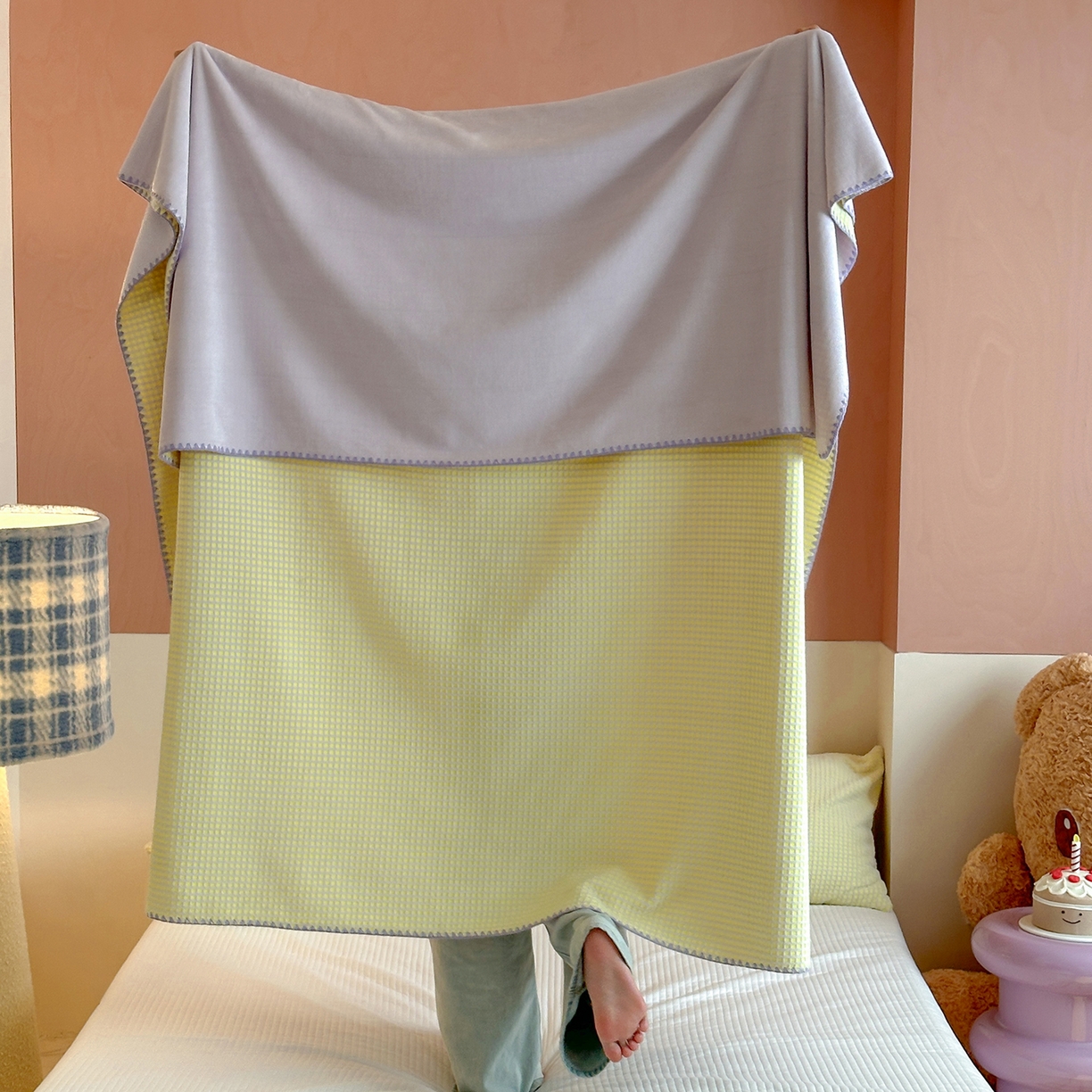 桃子家居 2025新款A类ins菠萝毯全消光烂花撞色华夫格三角针工艺加厚牛奶绒毛毯多功能毯 绒-菠萝毯黄紫