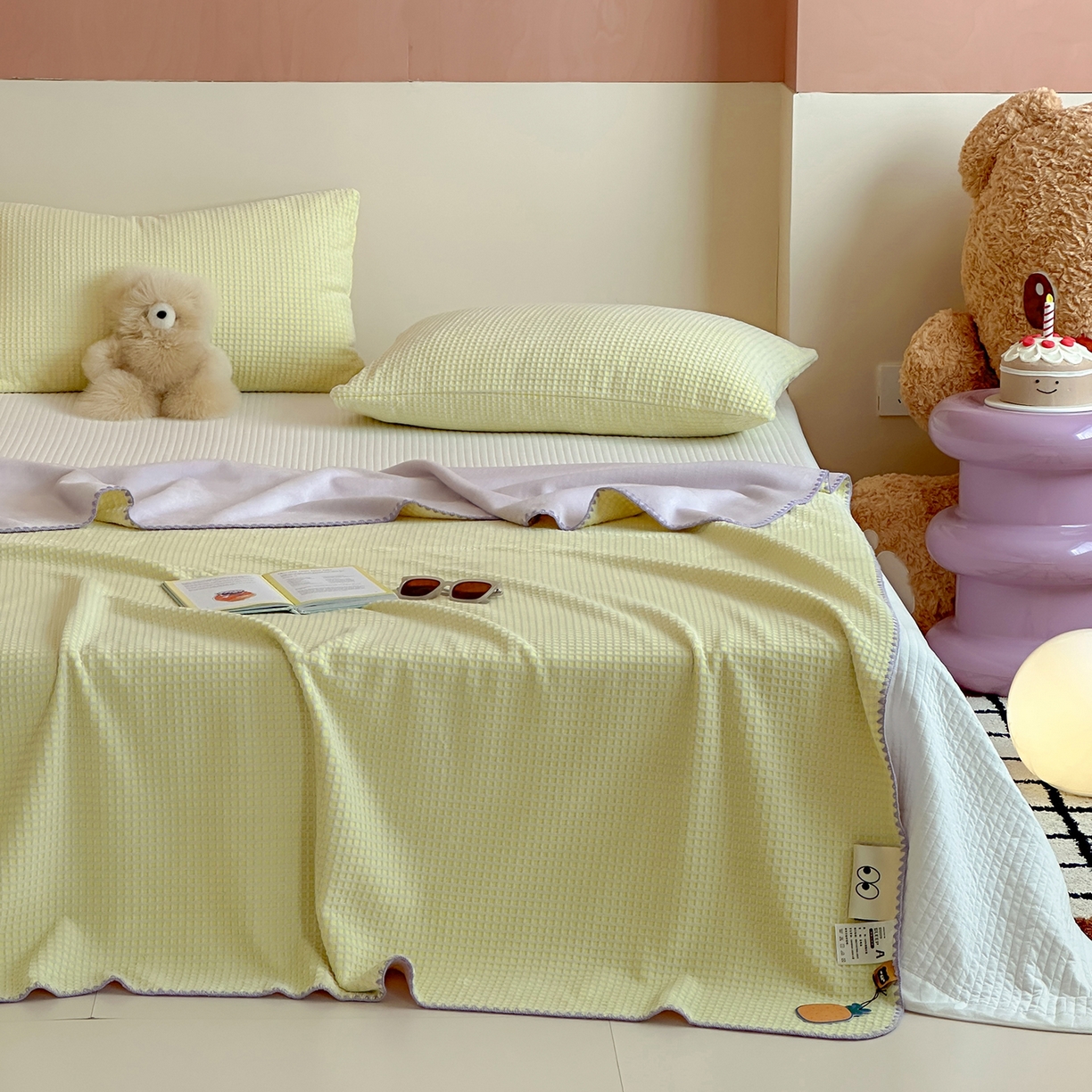 91家纺网 家纺一手货源 找家纺 桃子家居 2025新款A类ins菠萝毯全消光烂花撞色华夫格三角针工艺加厚牛奶绒毛毯多功能毯 绒-菠萝毯黄紫