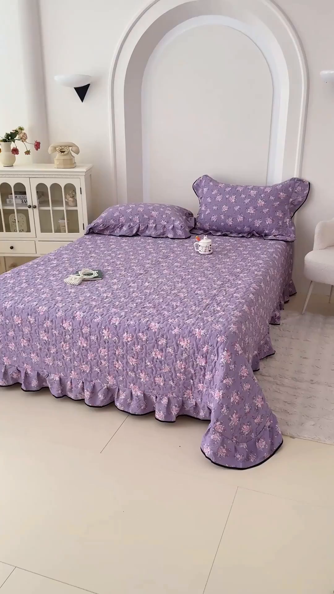 91家纺网 家纺一手货源 找家纺 999家纺 2025秋冬新款A类云感原麻双层纱床盖三件套四季通用炕盖夹棉床单床褥(提供买家秀) 紫韵【花边款】