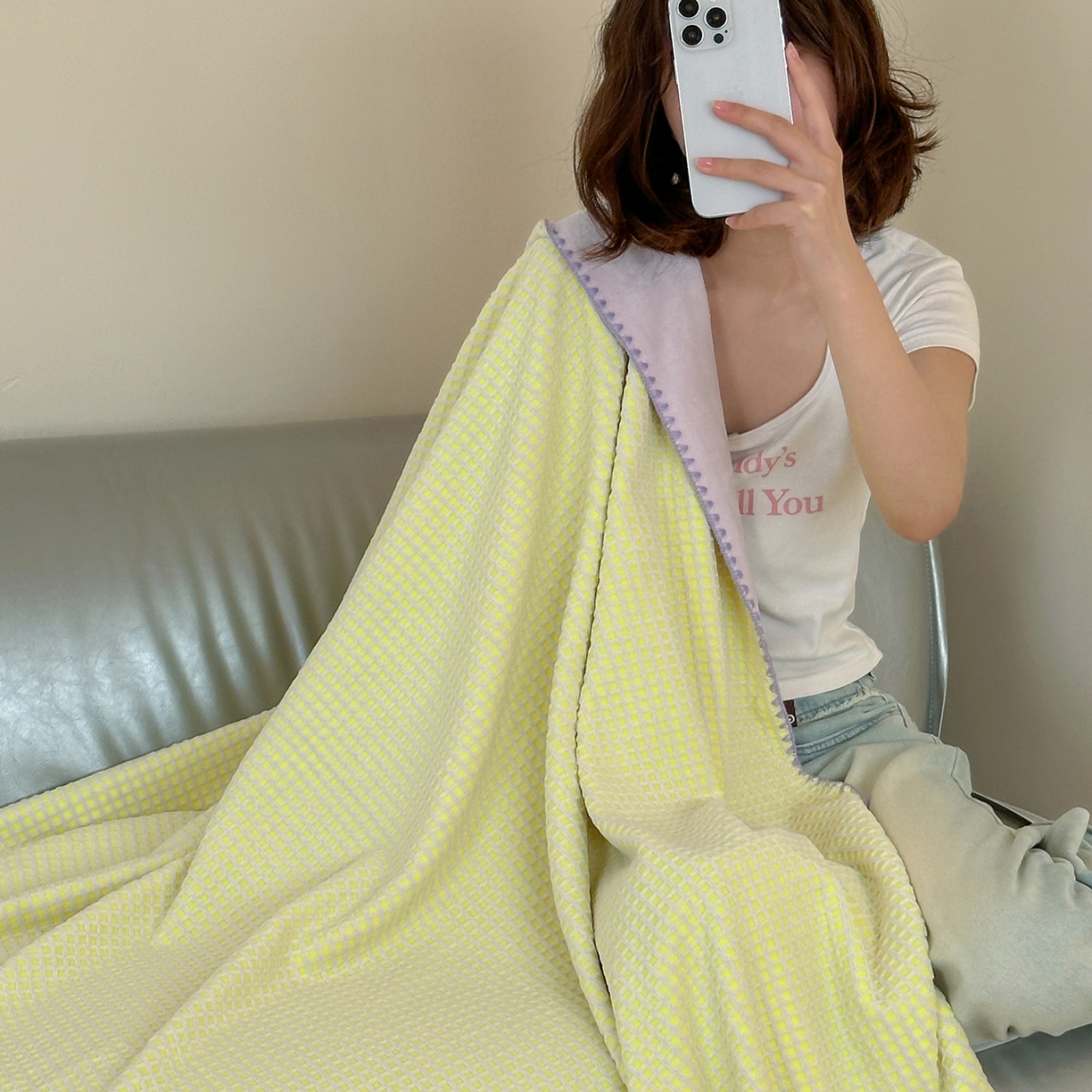 91家纺网 家纺一手货源 找家纺 桃子家居 2025新款A类ins菠萝毯全消光烂花撞色华夫格三角针工艺加厚牛奶绒毛毯多功能毯 绒-菠萝毯黄紫