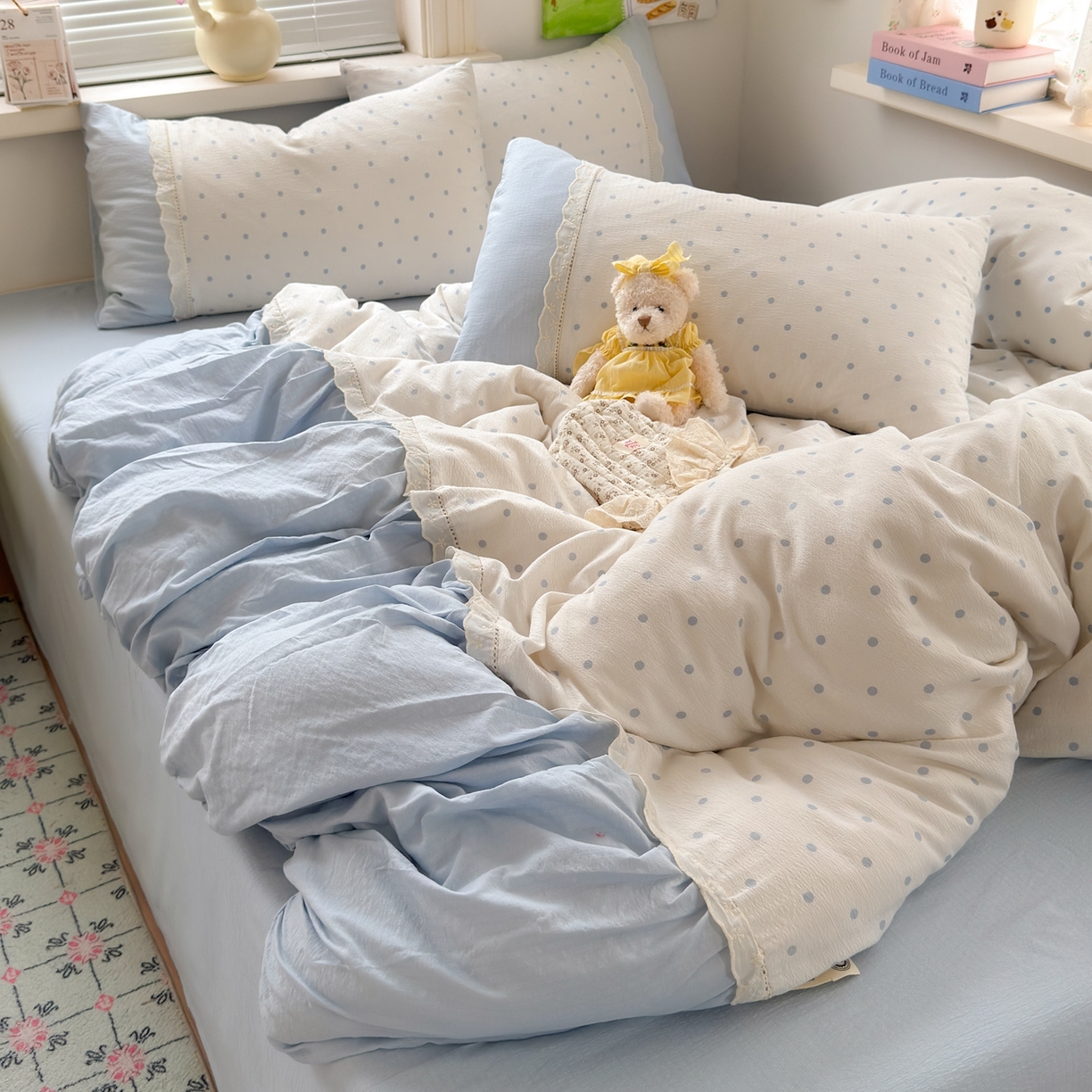 91家纺网 家纺一手货源 找家纺 典雅家纺 2025新款A类超柔双层纱四件套花边工艺款四件套 海盐气泡