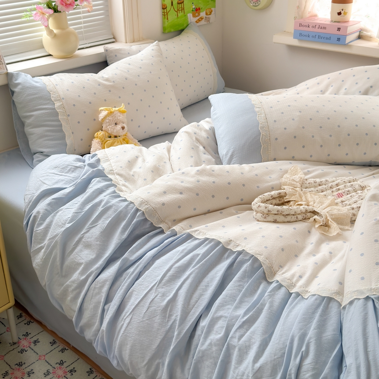 91家纺网 家纺一手货源 找家纺 典雅家纺 2025新款A类超柔双层纱四件套花边工艺款四件套 海盐气泡